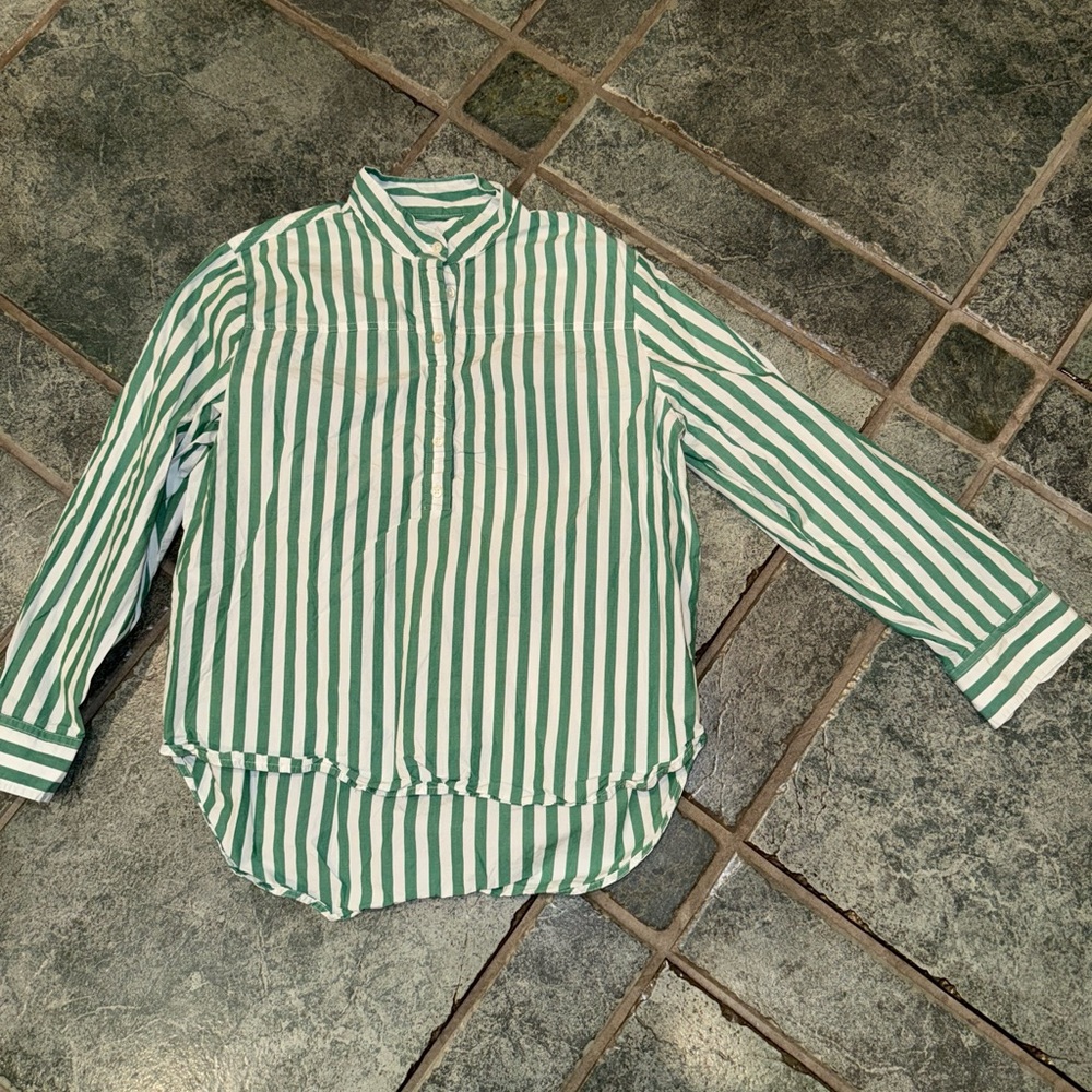 J Crew Women's Cotton Green White Stripe Long Sleeve Blouse mock neck collar, 10